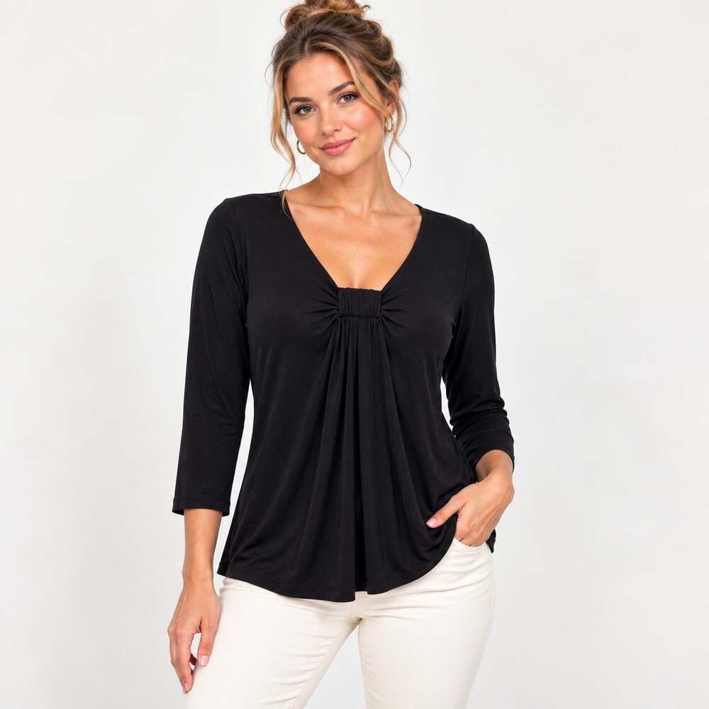 Susan Graver Liquid Knit Blouse Women's Size M Black Minimalist Office Casual